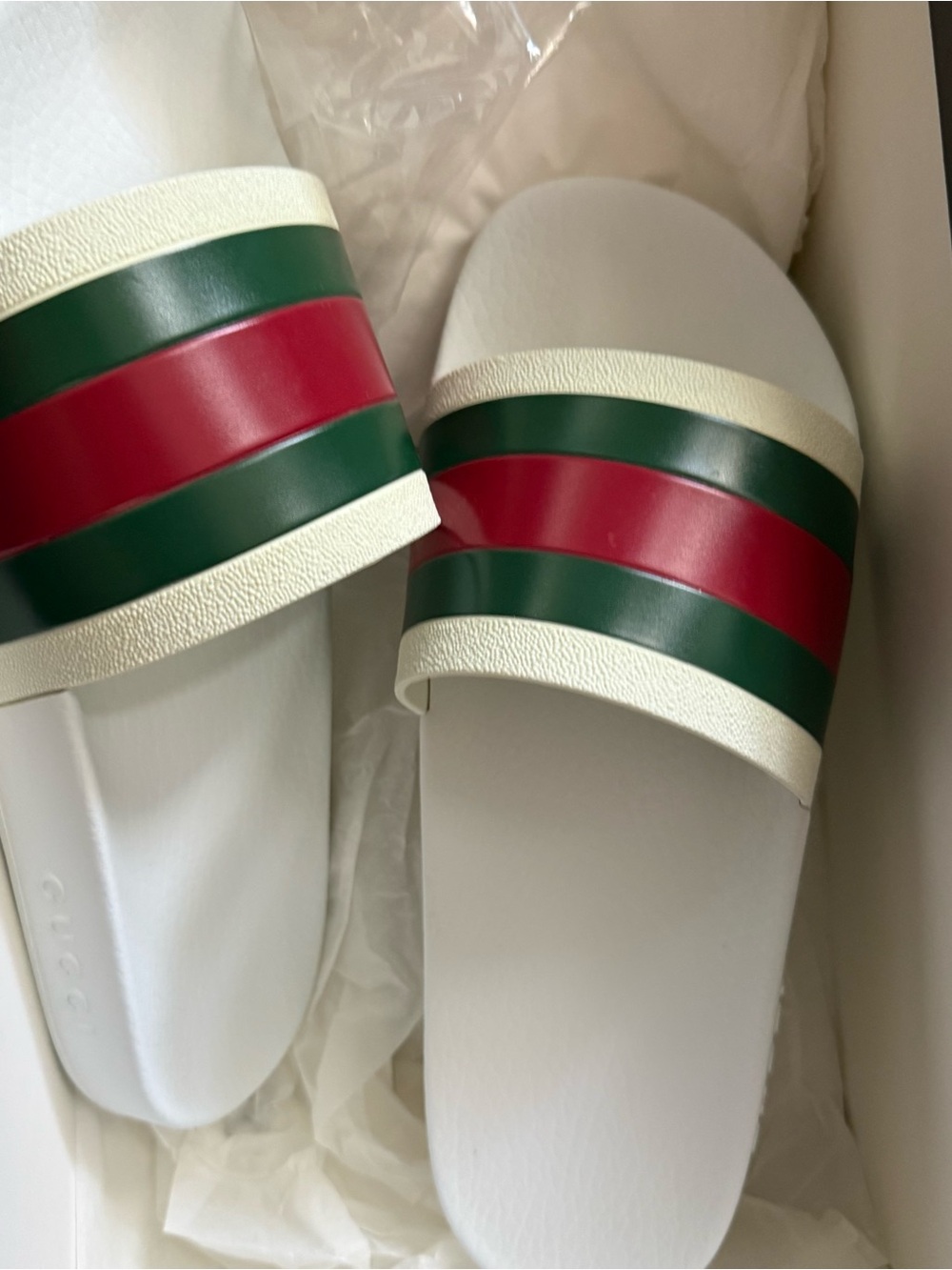 Gucci White Slides with Green and Red Stripe Band